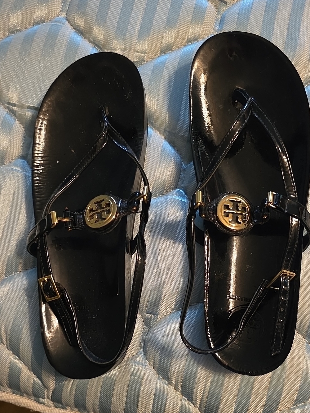 Tory Burch "Dillan" Black Patent Thong Sandals with Gold Logo